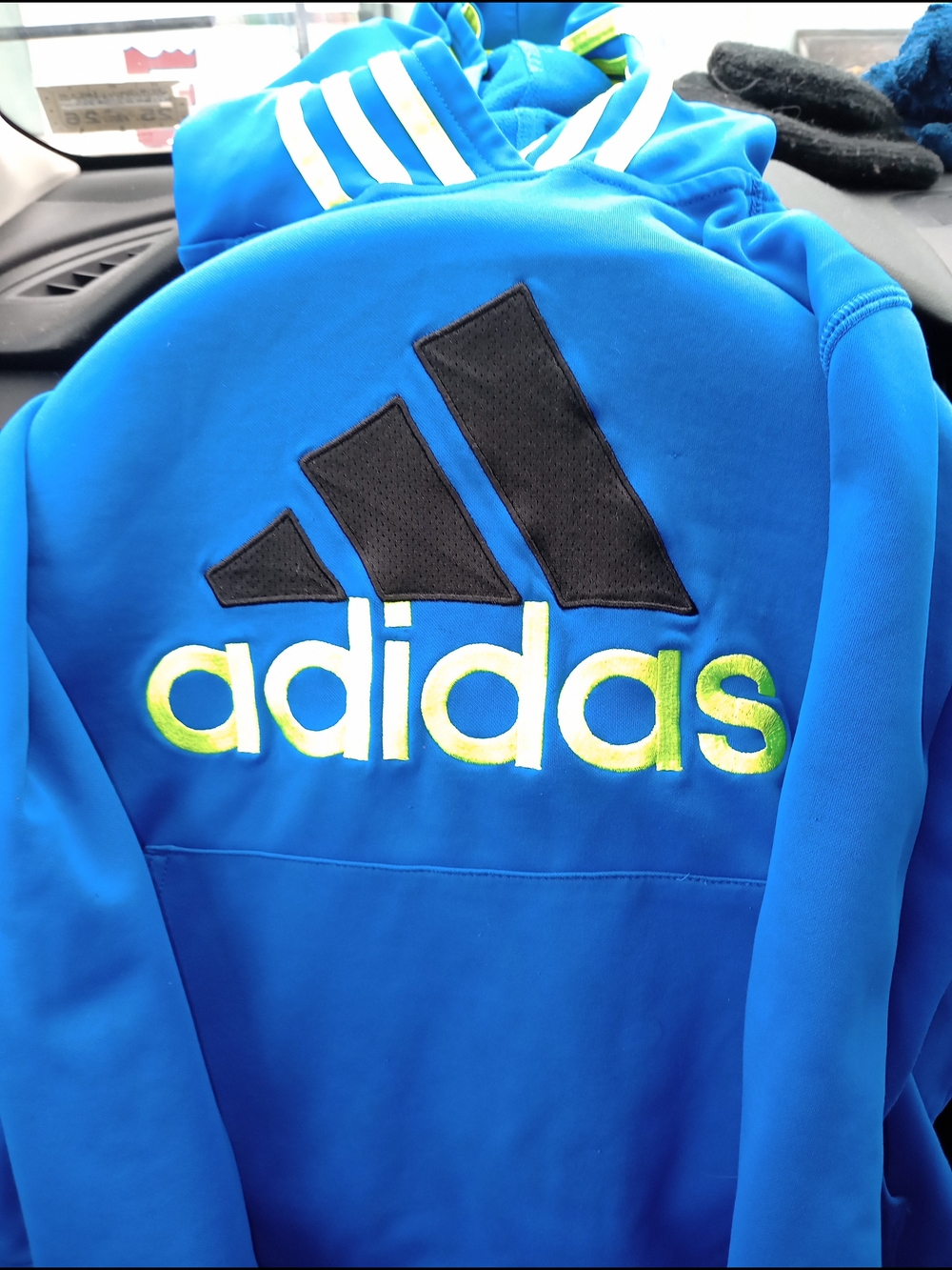 adidas Bright Blue Hoodie with Black Logo and Neon Green Accents